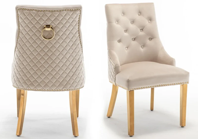 Chaise capitonnée velours beige anneau doré - Lidy x2