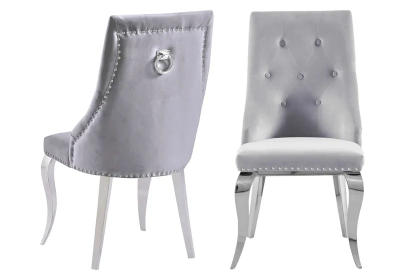 Chaises cloutées en velours gris et anneau argenté - Lara x4