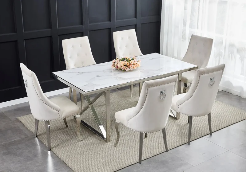 Chaises cloutées en velours gris et anneau argenté - Lara x4