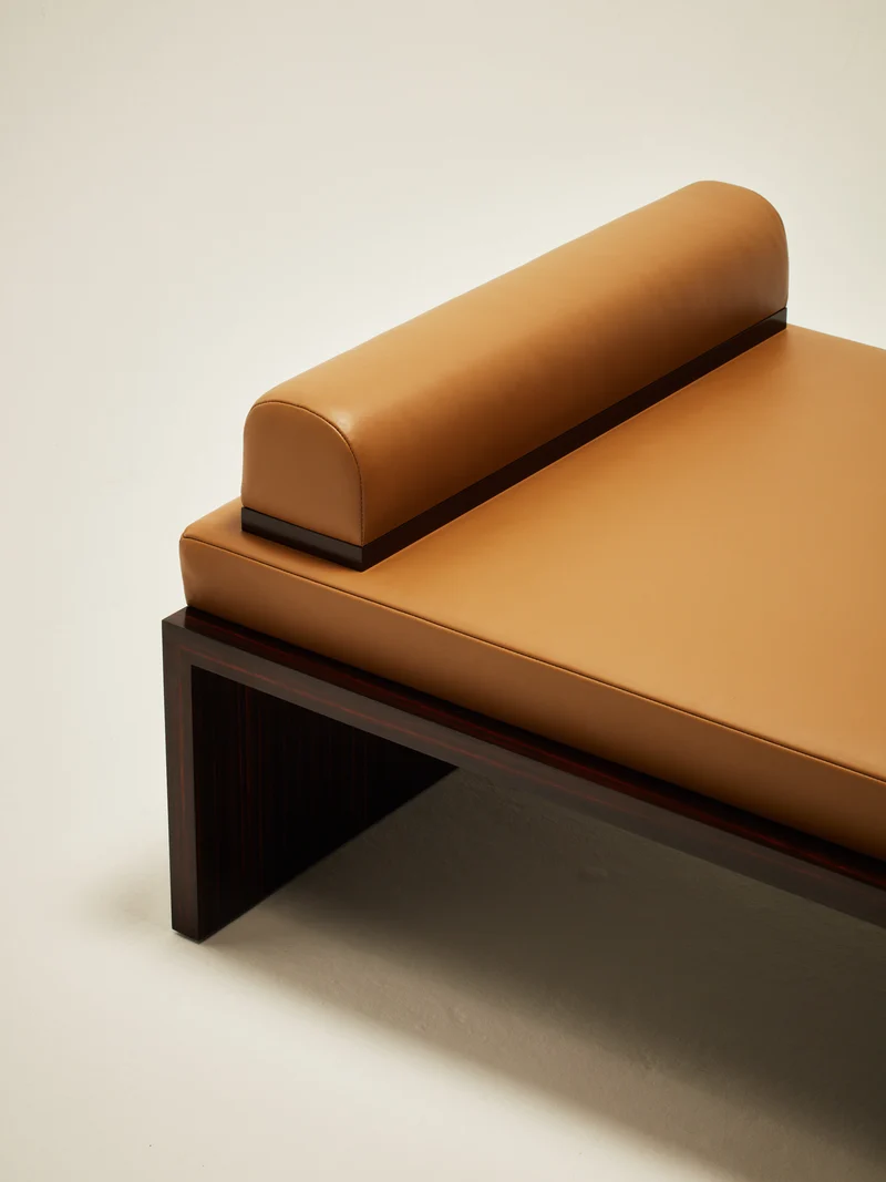 'Continuous' Daybed Handcrafted in Wood Veneer & Leather Upholstery