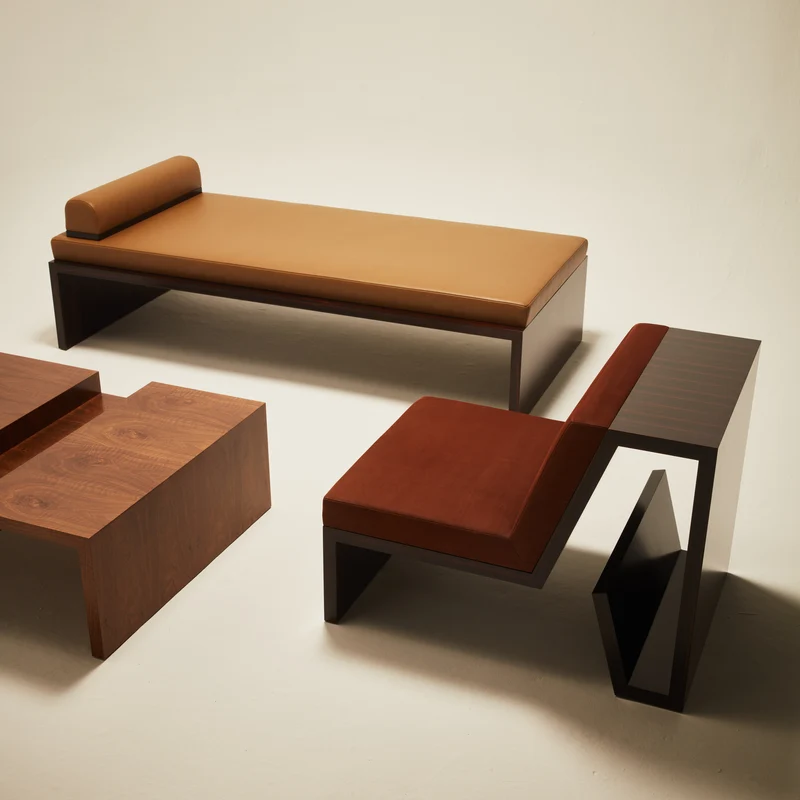 'Continuous' Daybed Handcrafted in Wood Veneer & Leather Upholstery