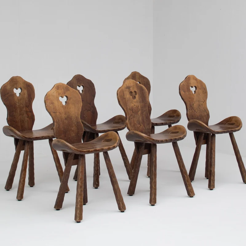 Set of 6 Brutalist Solid Wood Stools, 1970s