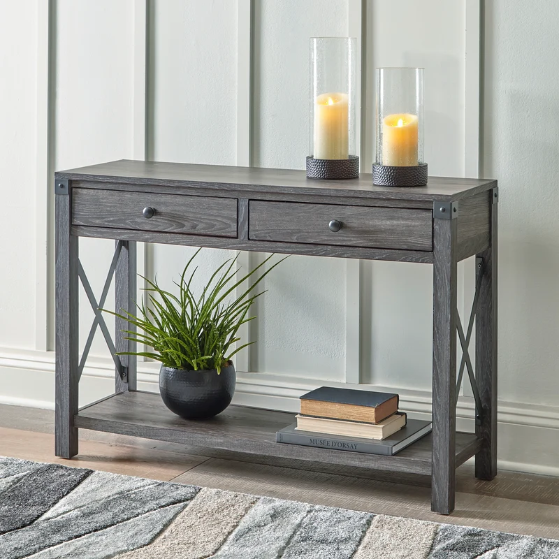 Table console en bois/stratifié brun grisâtre avec 2 tiroirs - Freedan