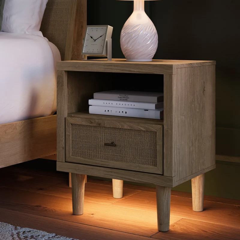 Table de chevet à 1 tiroir en bois/placage beige avec lumière DEL - Cielden