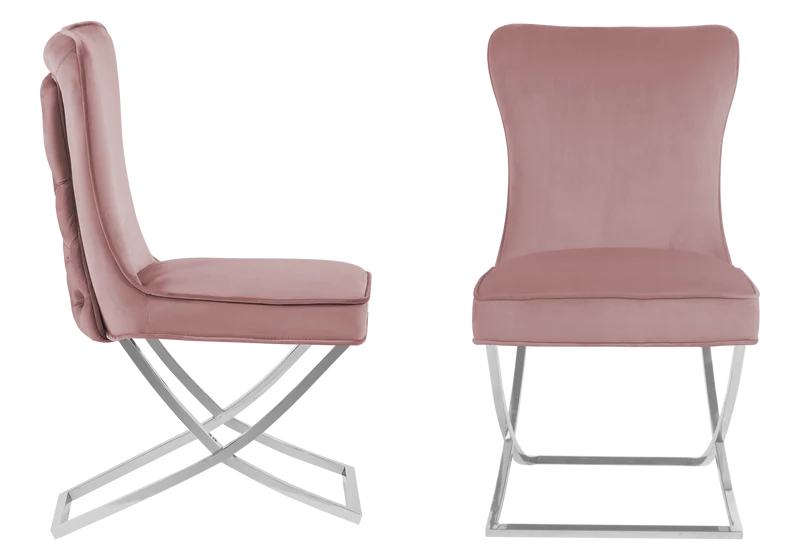 Chaise capitonnée pied croisé argent rose - Enzo x2