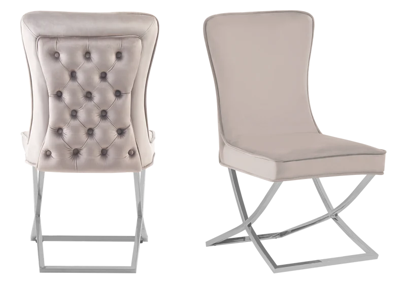 Table verre et 4 chaises velours beige argent - Enzo