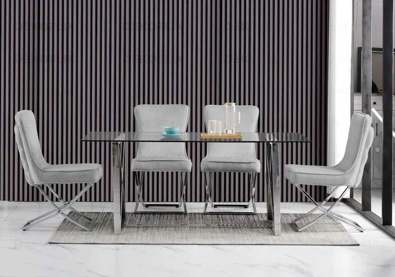 Table verre et 4 chaises velours gris argent - Enzo