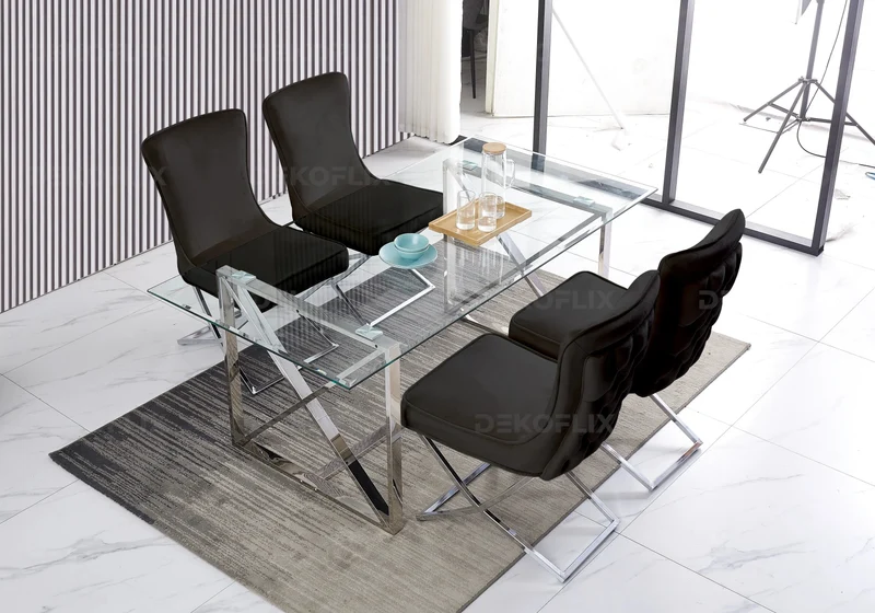 Chaise capitonnée pied croisé argent noire - Enzo x2