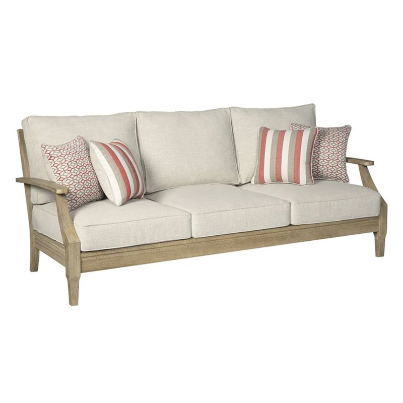 Sofa extérieur en tissu Nuvella beige pâle et en bois d'eucalyptus avec coussins - Clare view