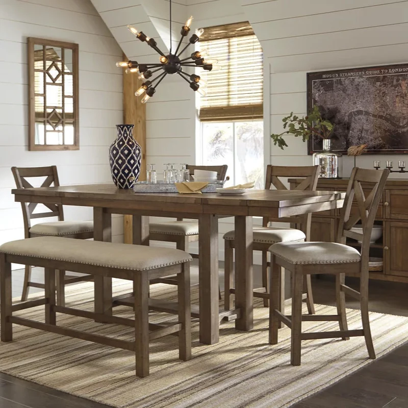 Table de salle à manger haute extensible en bois/placage brun vieilli - Moriville