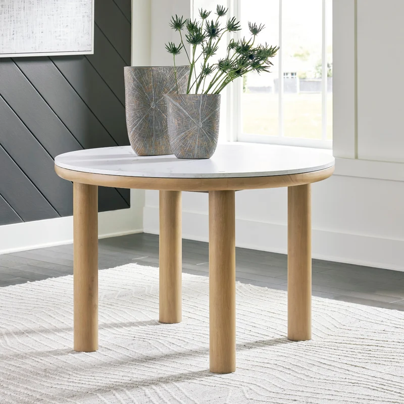 Table de salle à manger ronde en faux marbre blanc - Sawdyn