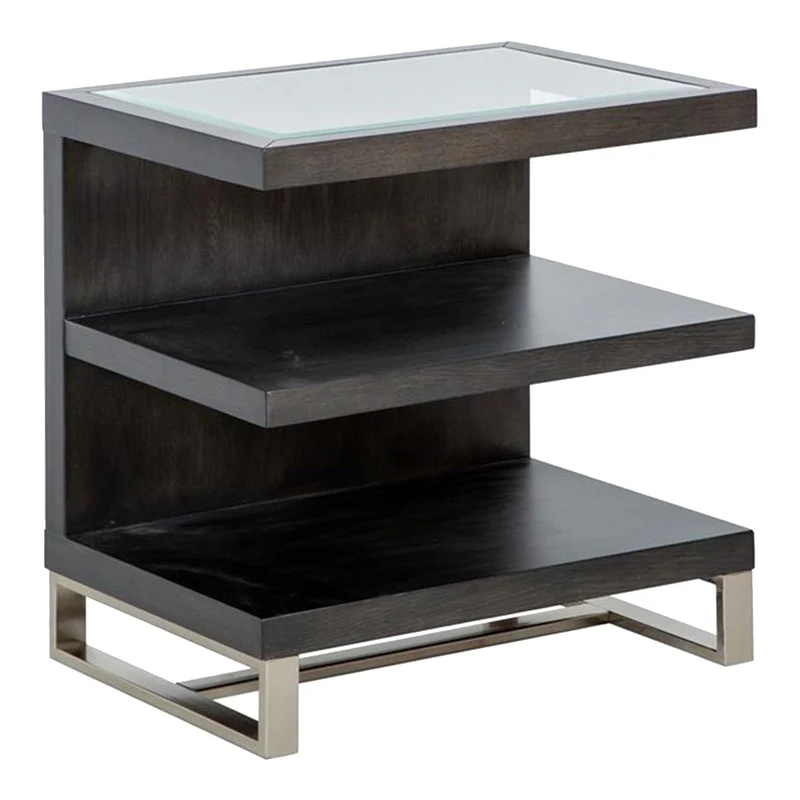 Table de bout en verre, en bois gris foncé et métal - Langston