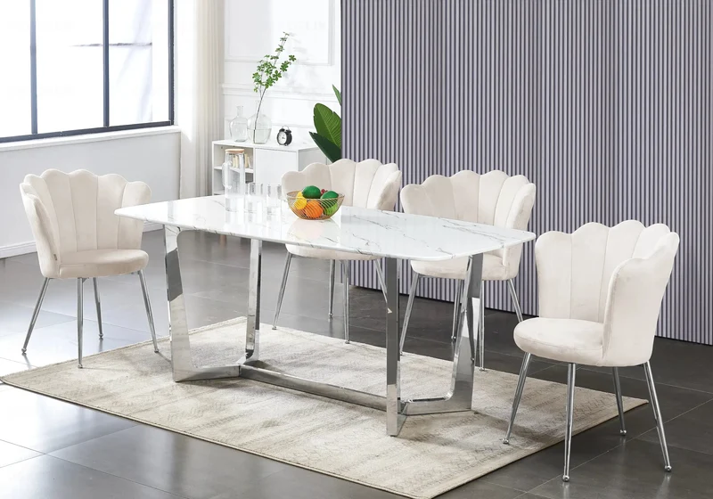 Chaise de table coquillage velours beige pieds argent - Nymea x2