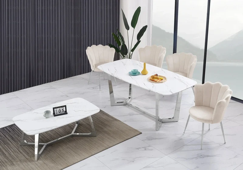 Chaise de table coquillage velours beige pieds argent - Nymea x2