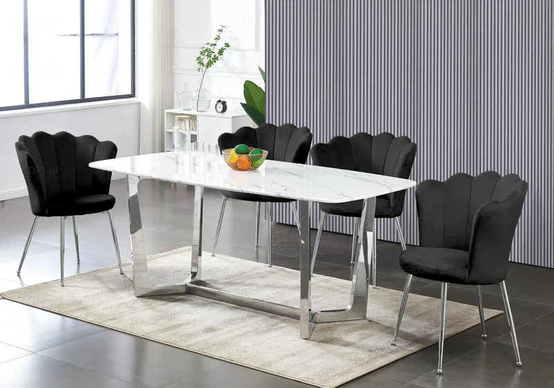 Chaise de table coquillage velours noir pieds argent - Nymea x2