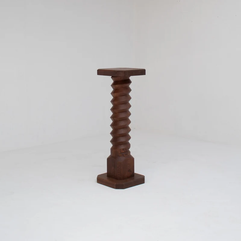 Sculptural Wooden Pillar in Solid Elm with Twisted Geometric Carving