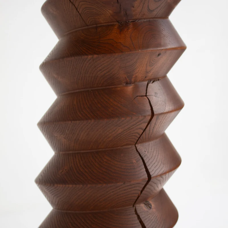 Sculptural Wooden Pillar in Solid Elm with Twisted Geometric Carving
