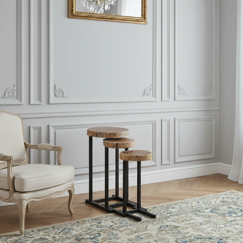 Set de 3 tables gigognes acacia et métal