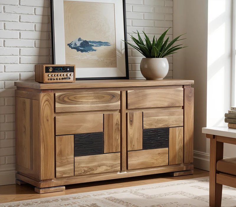Petit buffet bois sculpté bicolore 2P 2T | Acacia Maya
