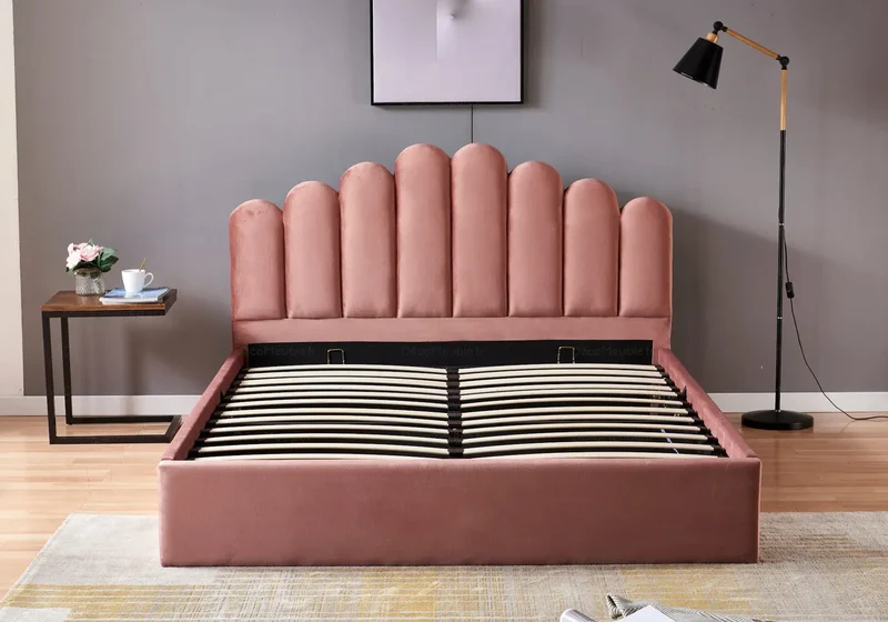 Lit coffre velours rose capitonné - Carla