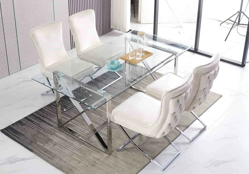 Chaise capitonnée pied croisé argent écrue - Enzo x2