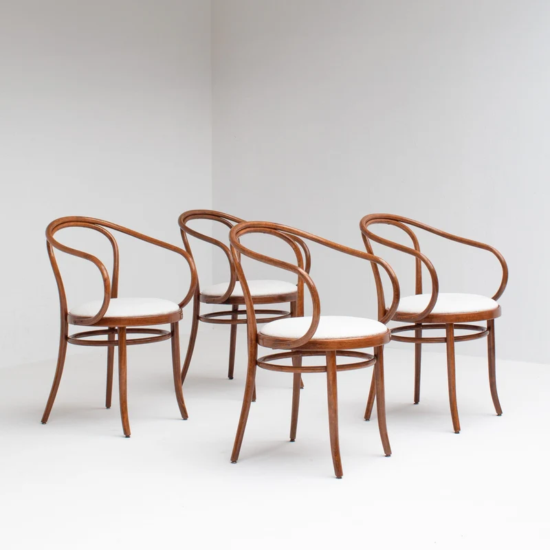 Set of Four Thonet Bentwood Armchairs in Walnut with Bouclé Upholstery
