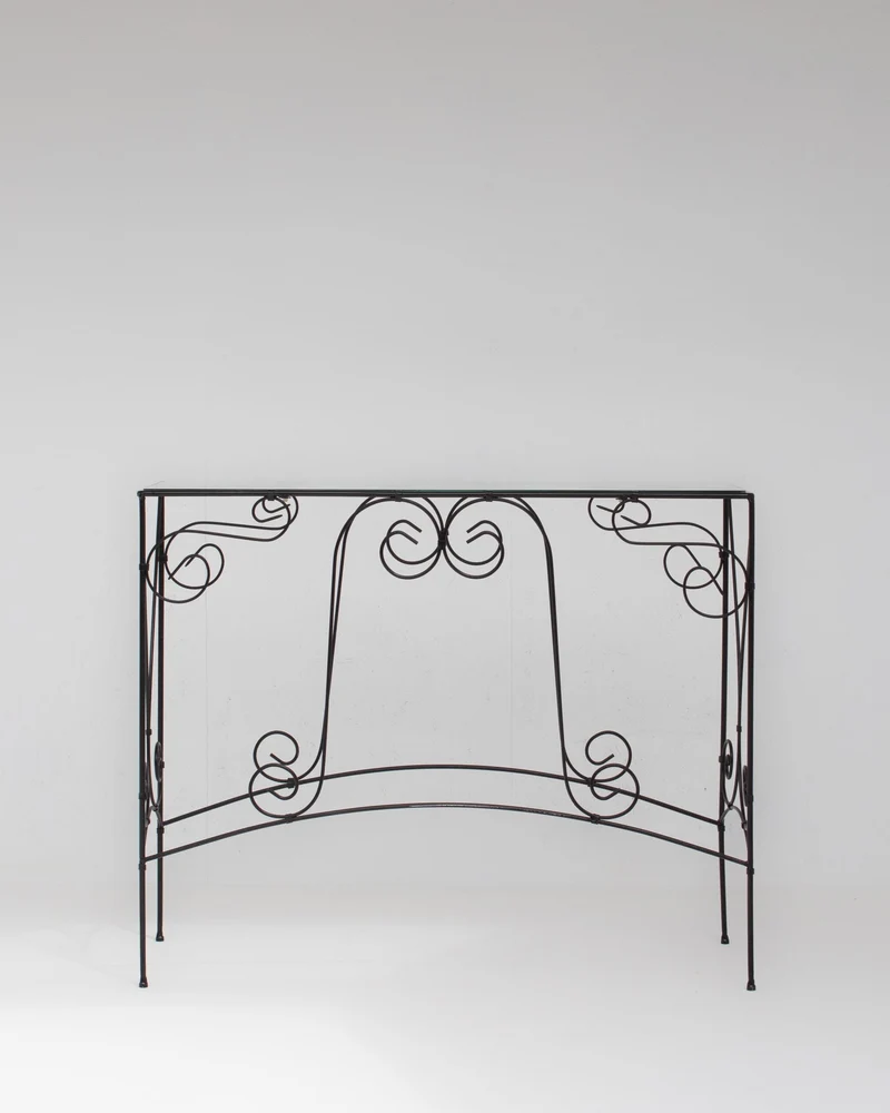 Vintage Wrought Iron Console Table With Glass Top