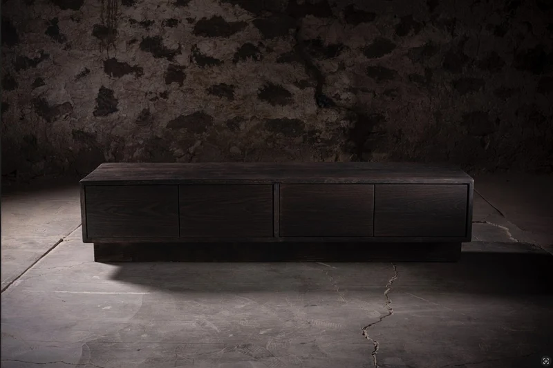 Obsidian Console, Burned Solid Oak, Shou Sugi Ban Technique.