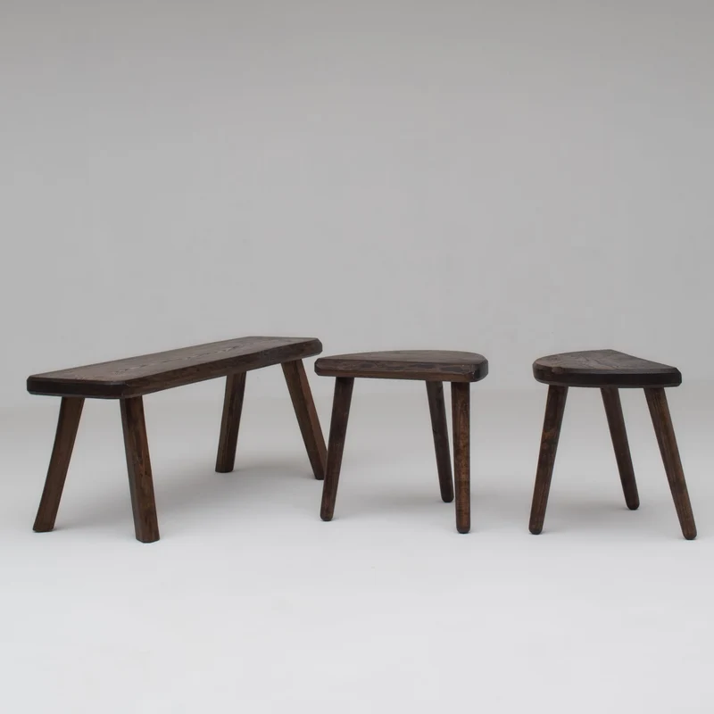 Mid Century Bench and Stools in Wood