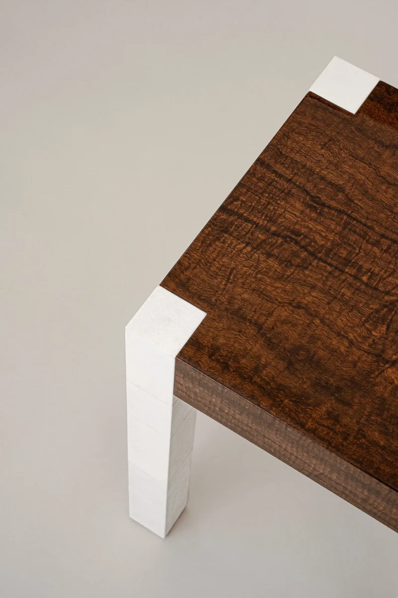 'Additions' Side Table Handcrafted in Wood Veneer & Parchment