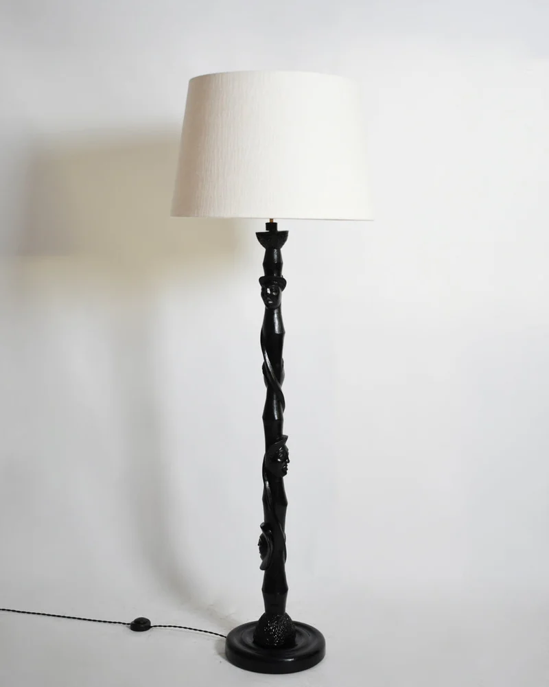 Vintage Africanist ebonised wood floor lamp, 1970s