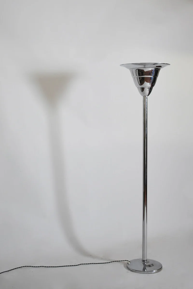 Vintage Art Deco Chromed Iron Basin Floor Lamp, 1930s