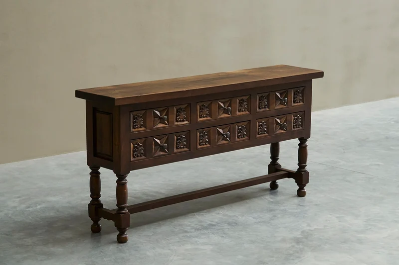 Spanish Style Sideboard in Hand-Carved Solid Walnut and Wrought Iron Early 20th Century