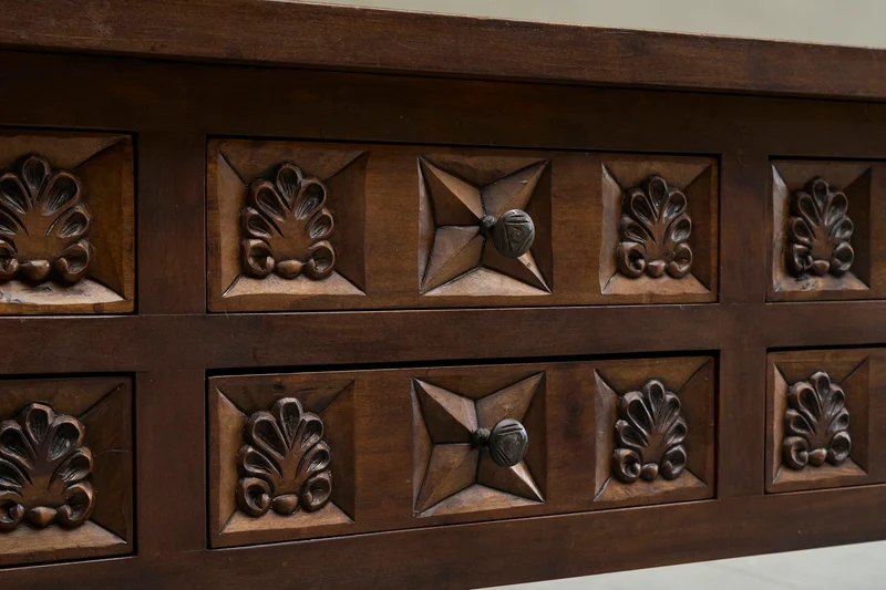 Spanish Style Sideboard in Hand-Carved Solid Walnut and Wrought Iron Early 20th Century
