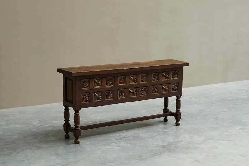 Spanish Style Sideboard in Hand-Carved Solid Walnut and Wrought Iron Early 20th Century