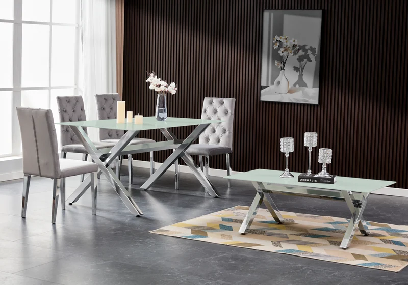 Salle à manger verre trempé pieds X argent - Cross