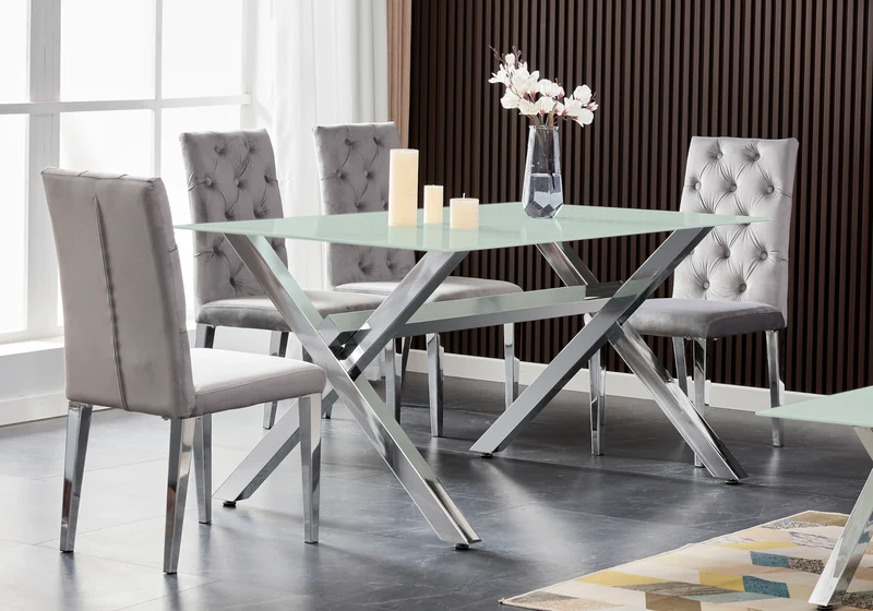 Salle à manger verre trempé pieds X argent - Cross