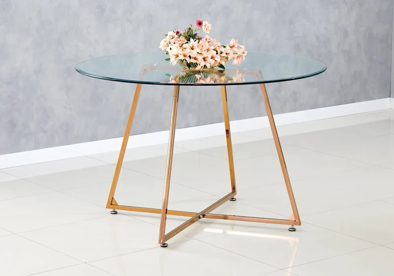 Table ronde verre trempé pieds or rose - Gina