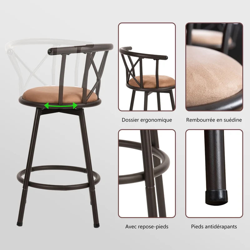 Lot de 4 tabourets de bar industriels pivotants avec dossier en tissu marron - HAILEY 24