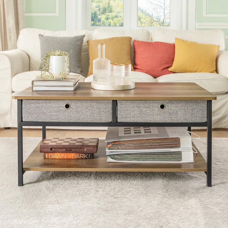 SoBuy FBT107-PF Table Basse avec 2 Tiroirs en Tissu Table d'appoint Table TV Table de Salon Bouts de canapé Style Industriel