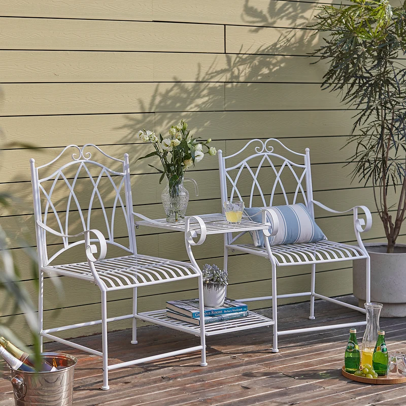 SoBuy OGT44-W Salon de Jardin 2 Personnes Banc avec Table intégrée 2 Places, Table Bistrot, Banc de Jardin