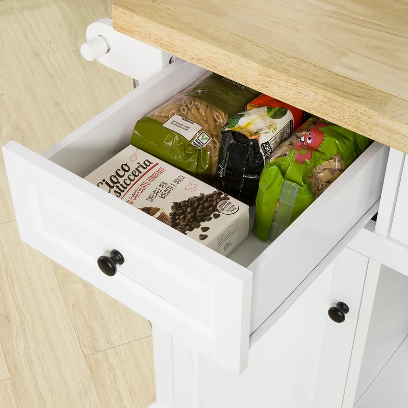 SoBuy FKW101-WN Desserte de Cuisine à Roulettes avec Plan de Travail, 3 Tiroirs, 2 Étagères et 2 Portes, Charge 50 kg – 115x46x91 cm, Blanc et Naturel