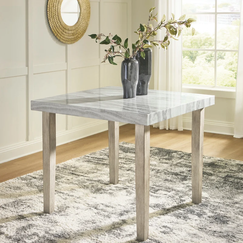 Table de salle à manger haute carrée en faux marbre gris pâle - Larawyn