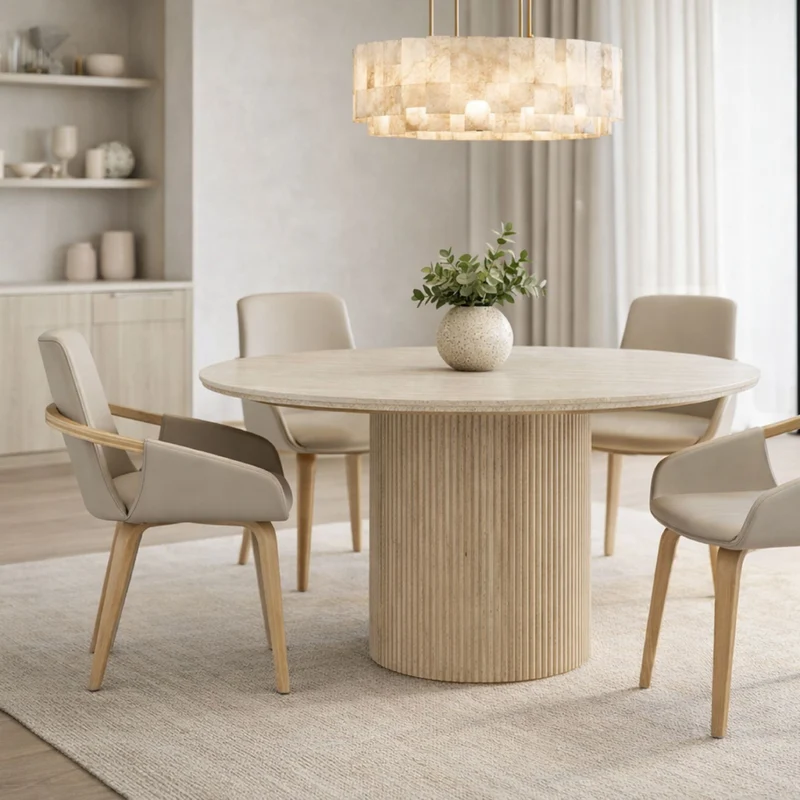 Table de salle à manger ronde en pierre frittée ivoire et travertin - Thalia