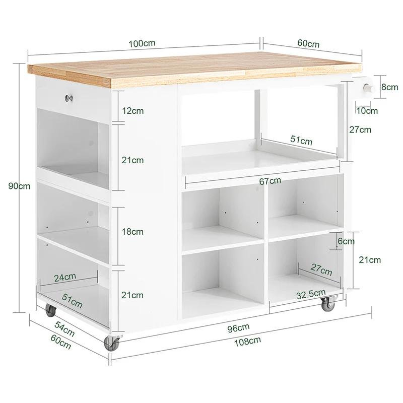 SoBuy FKW97-WN Desserte Cuisine avec Roulettes, Usage Polyvalent, Mobile, pour Cuisine et Salle à Manger, Rangement Optimisé – L108×P60×H90 cm, Blanc et Naturel