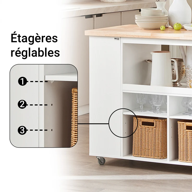 SoBuy FKW97-WN Desserte Cuisine avec Roulettes, Usage Polyvalent, Mobile, pour Cuisine et Salle à Manger, Rangement Optimisé – L108×P60×H90 cm, Blanc et Naturel