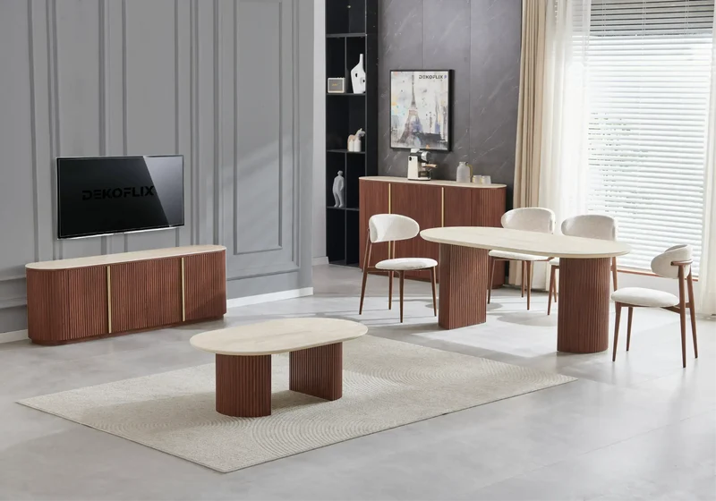 Buffet design ovale travertin noyer cannelé - Terra