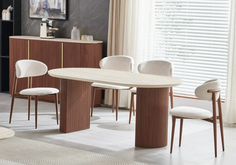 Buffet design ovale travertin noyer cannelé - Terra