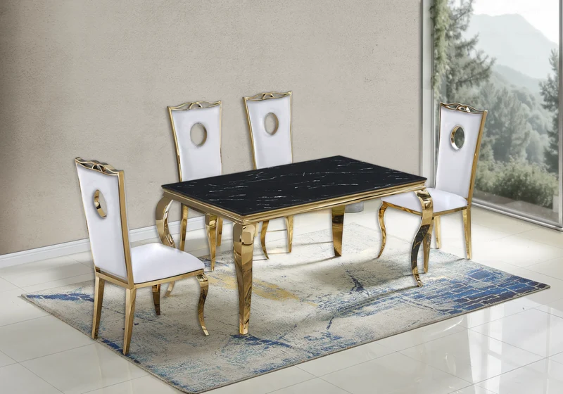 Ensemble table marbre noir et 4 chaises or – Neo
