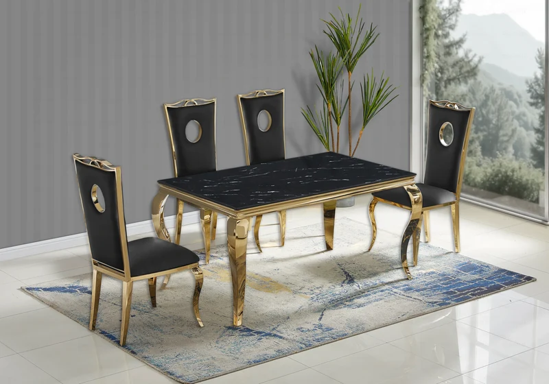 Ensemble table marbre noir et 4 chaises or – Neo